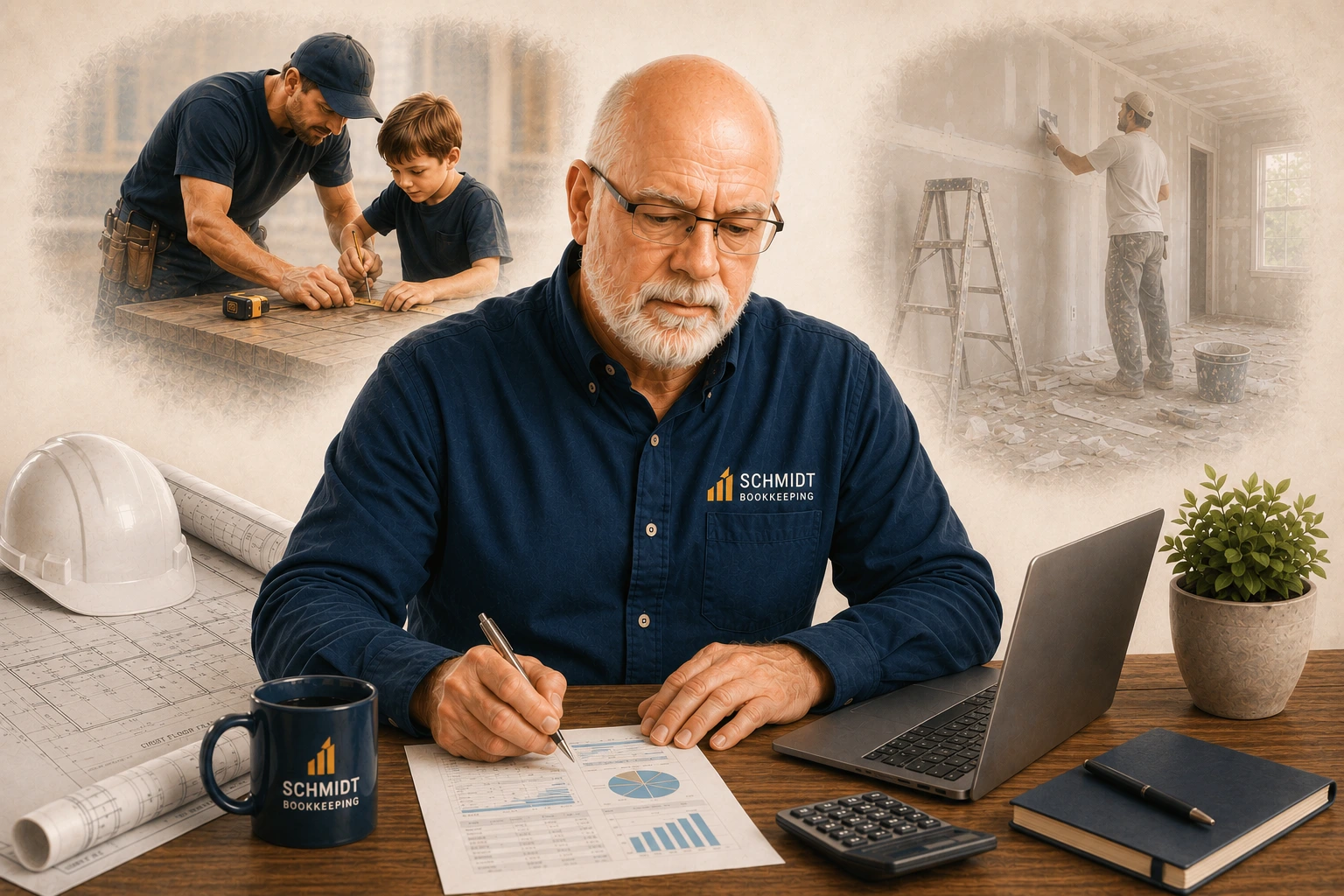 Illustration of Kenny Schmidt working while reflecting on his construction roots, including childhood carpentry with his father and drywall experience, representing the foundation of Schmidt Bookkeeping.